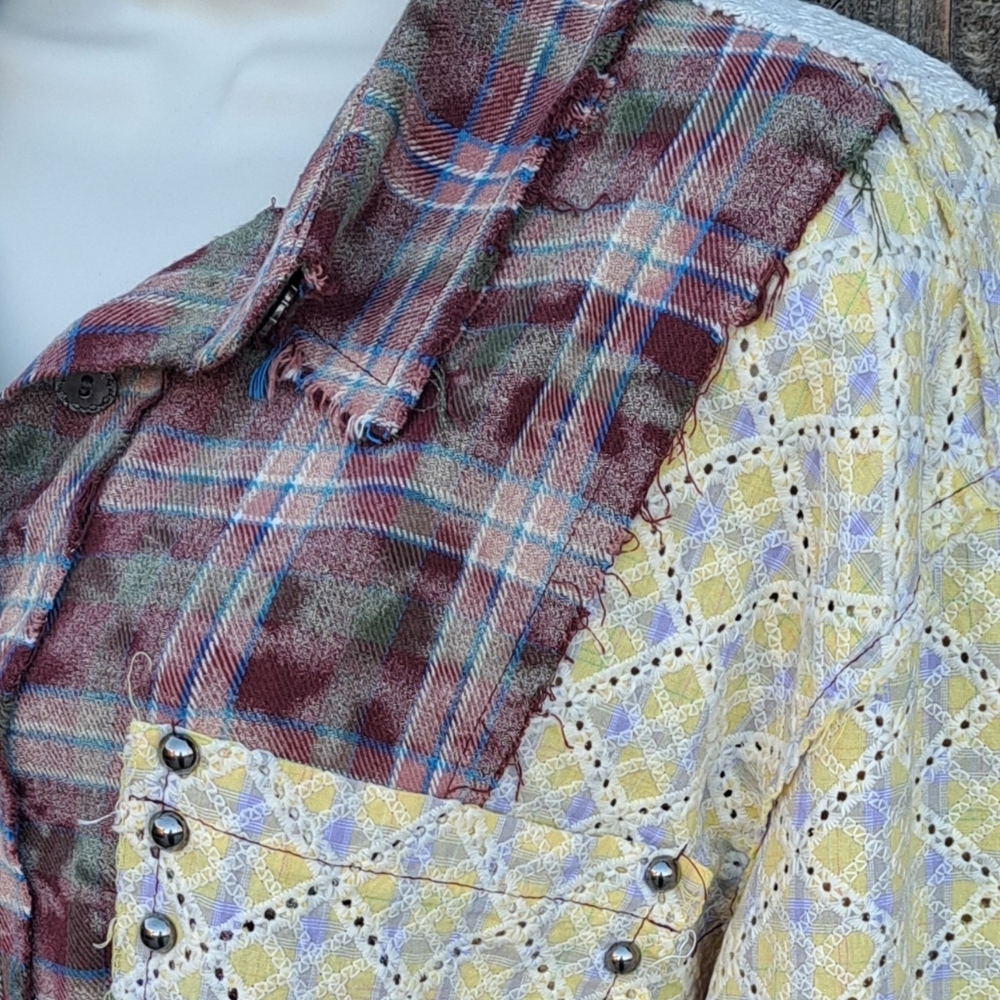 Pol Patchwork Plaid Lace Studded Shacket Oversize… - image 4